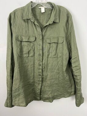 H&M 100% Linen Olive Green Button Down Shirt